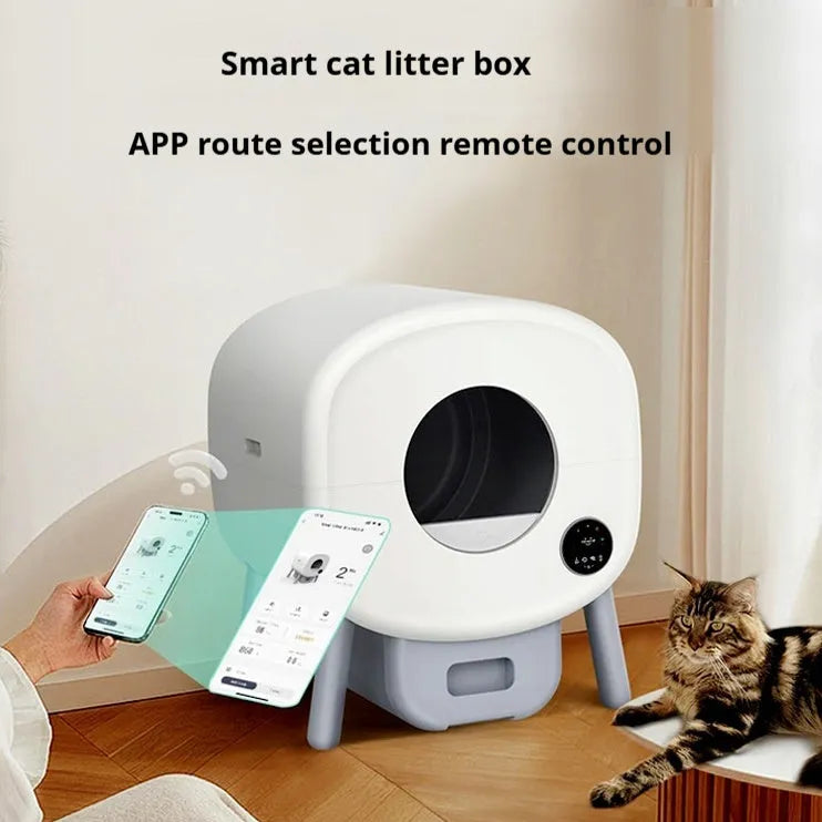 Large grey automatic self-cleaning cat litter box with digital display, showing dimensions of 55cm wide by 64.5cm high.
