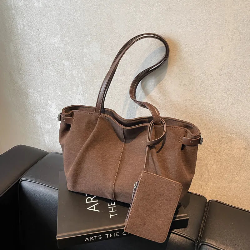 Suede casual commute shoulder bag, PU, 36x12x21cm, horizontal square, black brown coffee