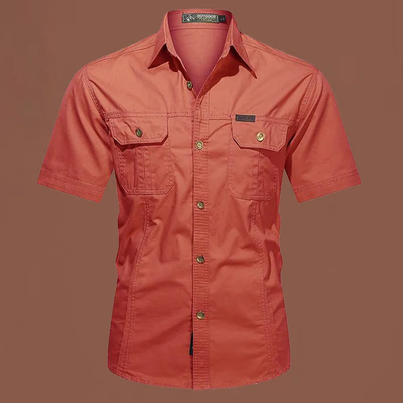 Men's short sleeve cotton work shirt in army green, showing loose fit and cardigan-style design.