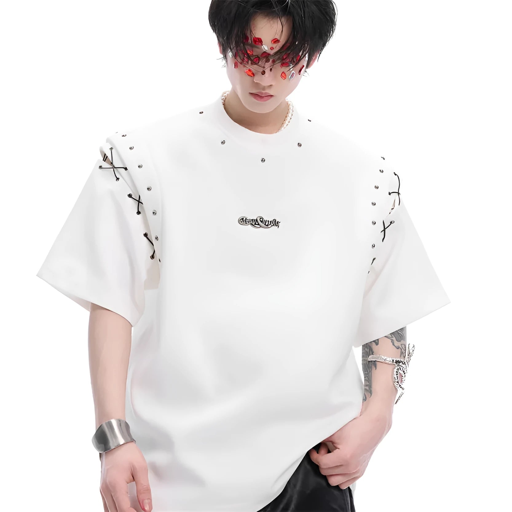 Deconstructed lace-up cutout short sleeve T-shirt in black and white colour options
