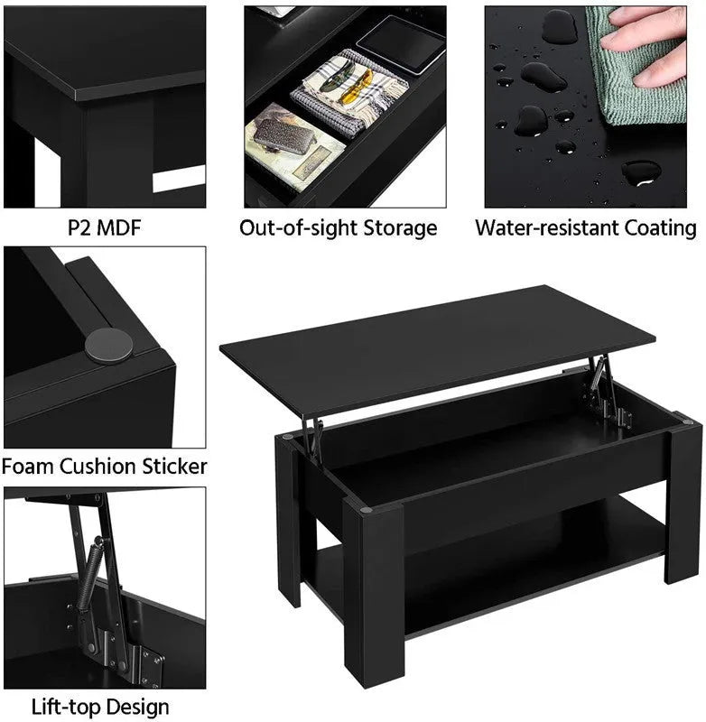 Black lift-top plate type tea table for living room and office, multi-function modern simplicity design