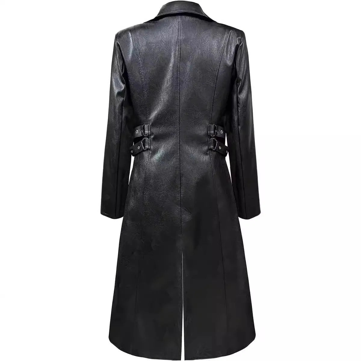 Mid-length retro PU leather trench coat in black, European style with medieval inspiration, sizes S-XXXL