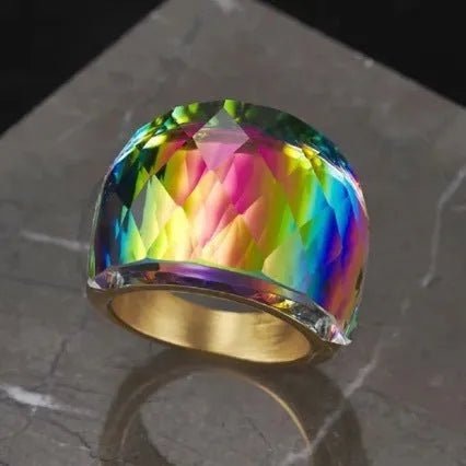 Multicoloured titanium steel diamond-cut gemstone ring with geometric band and cross, skull and heart motifs