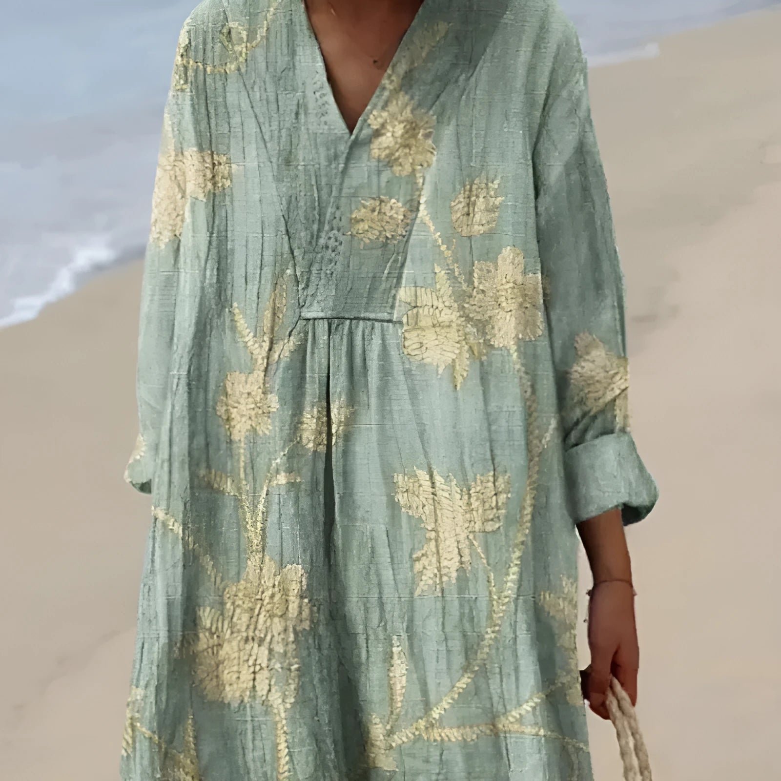 Casual long sleeve shirt dress with a 3D printed floral pattern and a princess silhouette wide waist.