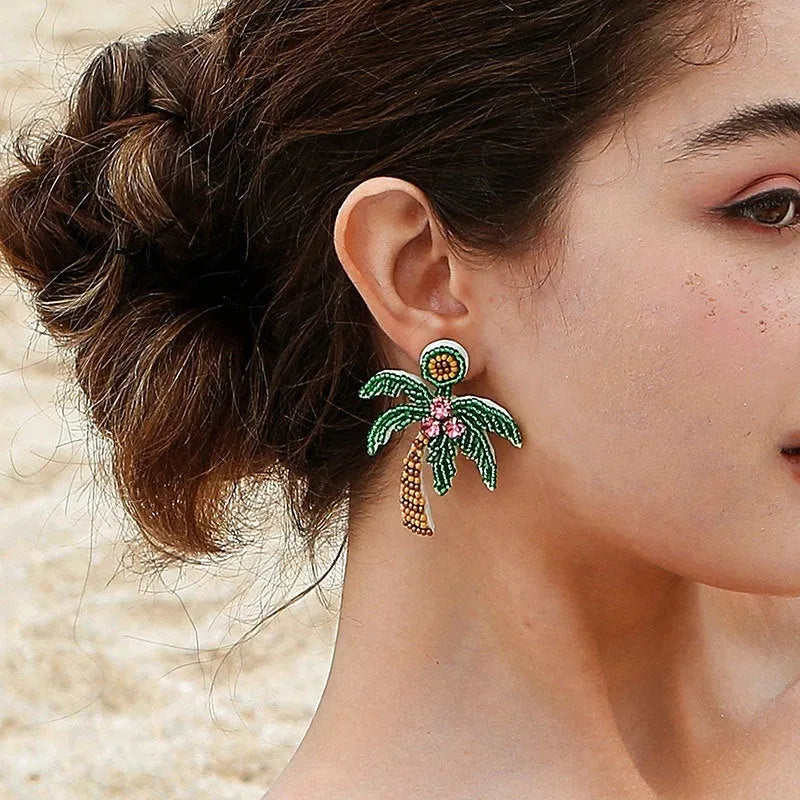 Green handmade beaded ring earrings with fruit-shaped glass and coloured glaze beads on alloy fittings
