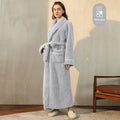 Long, thick grey flannel bathrobe with tie belt, worn as a winter nightgown.
