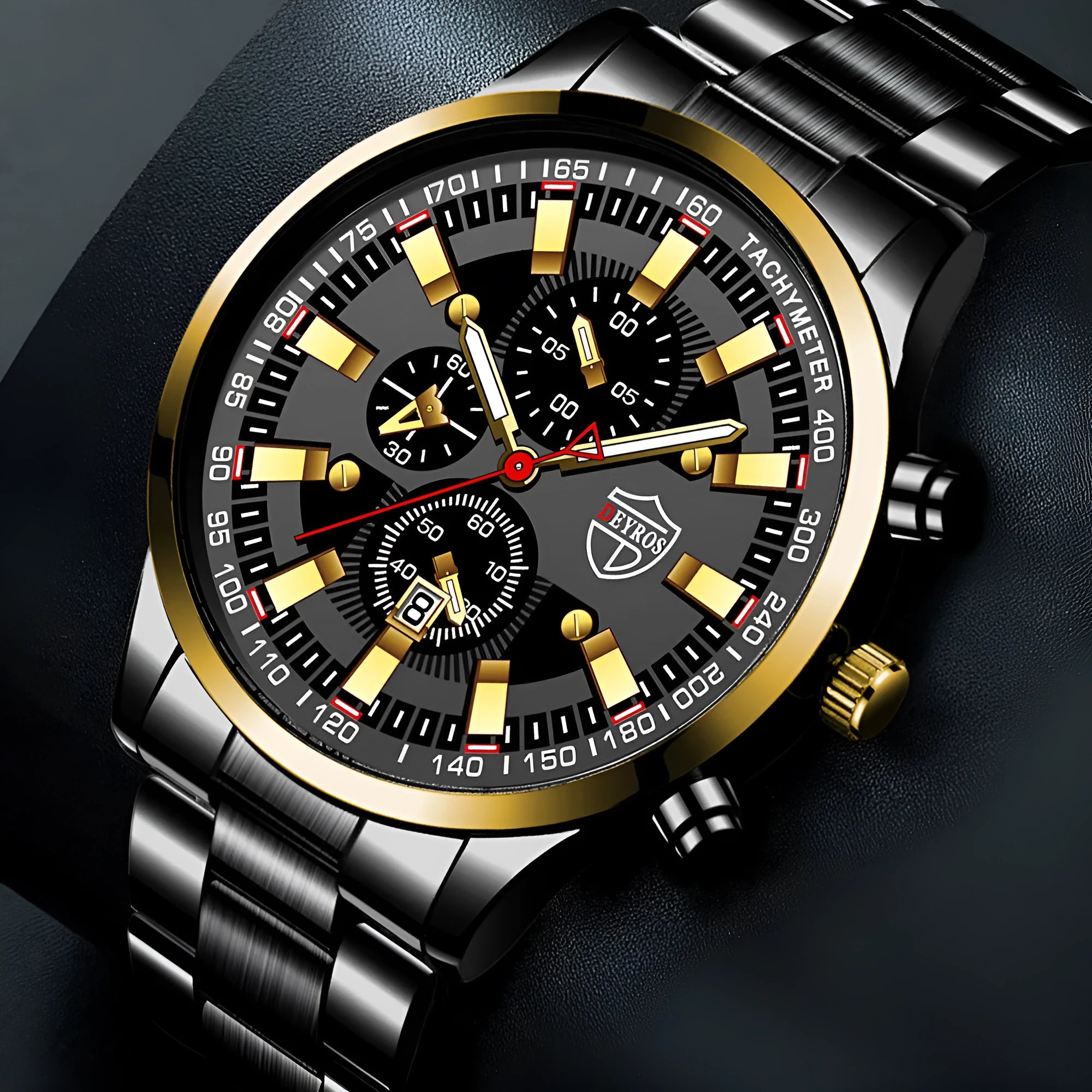 Men's stainless steel luminous quartz wristwatch with 42mm dial, calendar, and 24-hour indication on a white background
