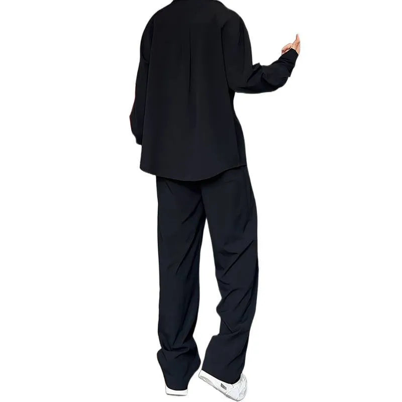 Men's black slim-fit long sleeve polo shirt and trousers two-piece casual suit set.