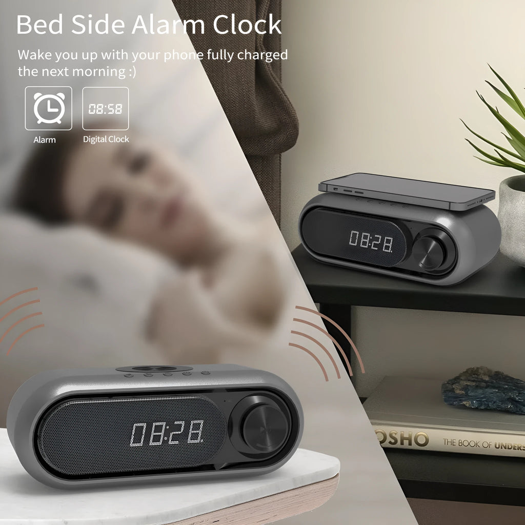 Space Grey wireless charging bedside alarm clock with Bluetooth speaker and LED display
