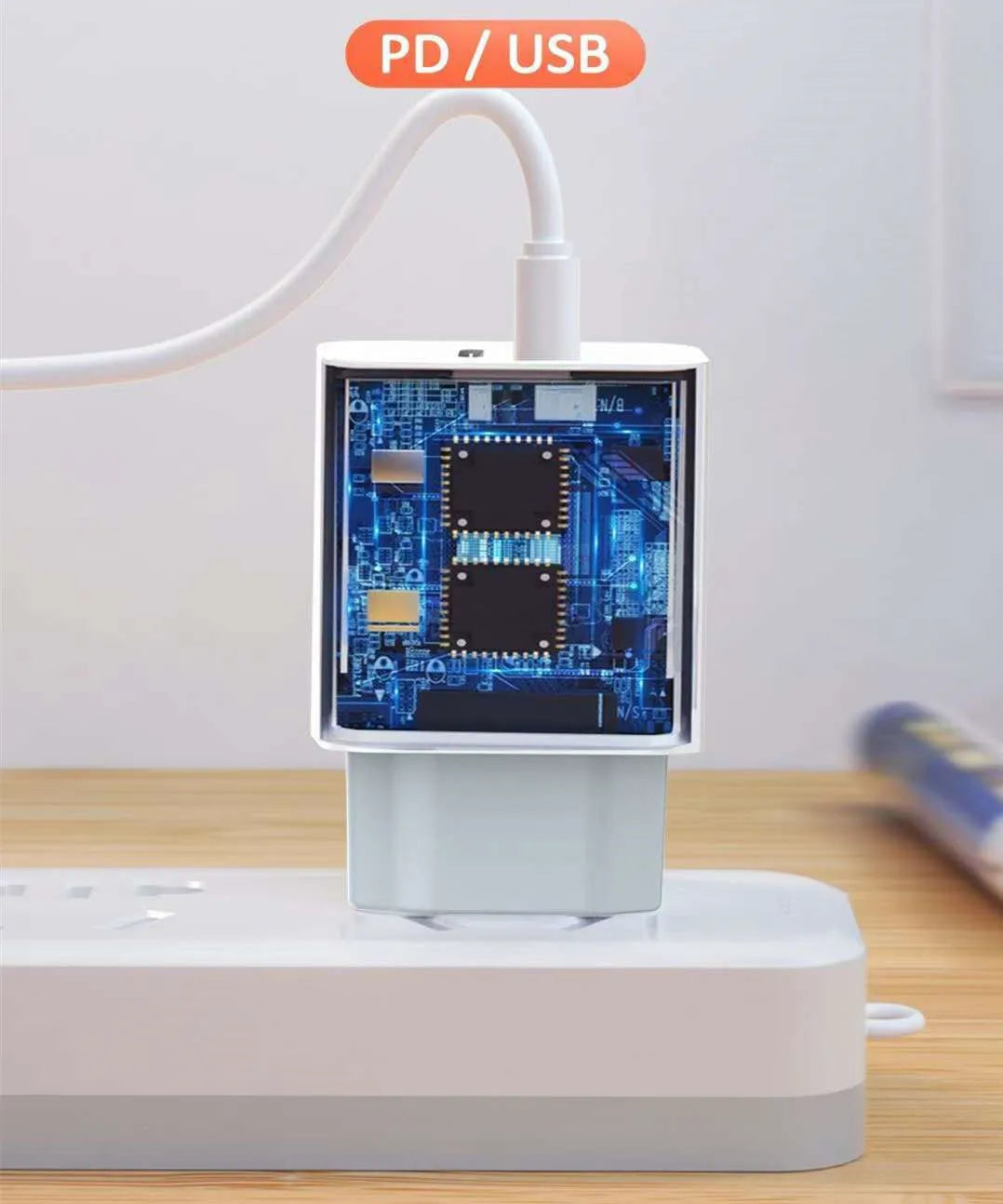 Travel charger with PD fast charge USB interface in bare metal finish compatible with Android phones