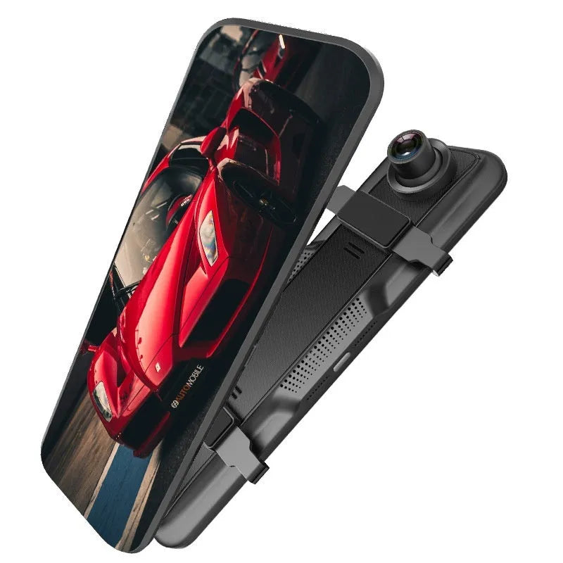 HD 1080p dual lens rearview mirror recorder with 9.66 inch touch screen mounted in car showing front video