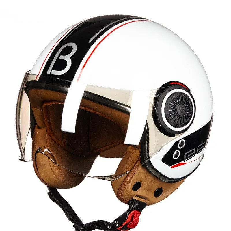 Retro battery car half helmet in ABS plastic showing colour options including bright blue red and matte black orange