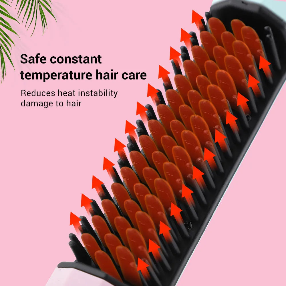 Pink cordless straightening comb with nylon bristles and USB charging port