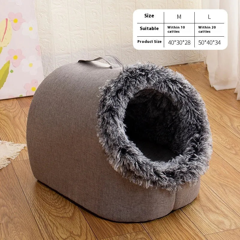 Fleece-lined cat nest closed sleeping bag in coffee brown or grey colour, shown with dimensions 40x30x28cm or 50x40x34cm