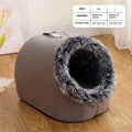 Fleece-lined cat nest closed sleeping bag in coffee brown or grey colour, shown with dimensions 40x30x28cm or 50x40x34cm
