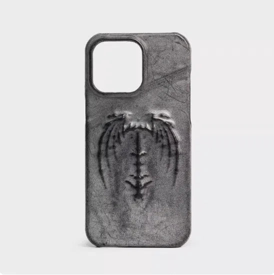 Retro gothic vampire bat wing embossed dark style cowhide leather phone case for iPhone, red and gray-black