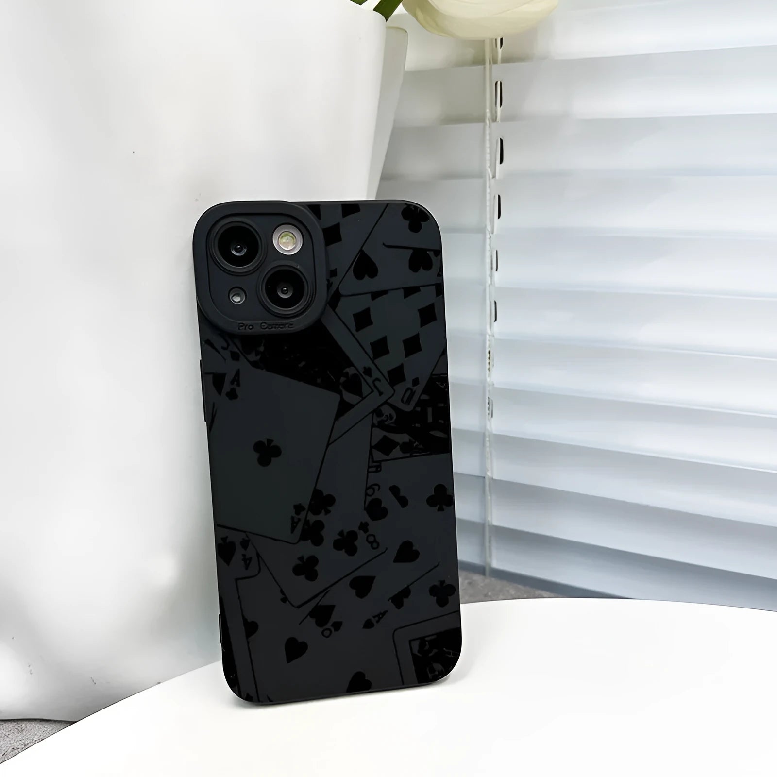 Black silicone phone case with playing cards design frosted soft shell for iPhone models including 15 Pro Max and 14 Pro