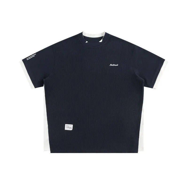 Retro alphabet embroidered loose fit waffle texture short-sleeved t-shirt in navy blue