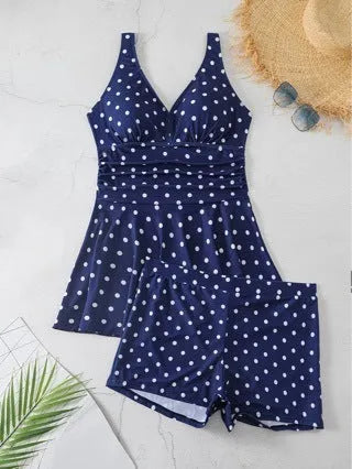 Blue polka dot print women's skirt bikini swimsuit with plus size fit