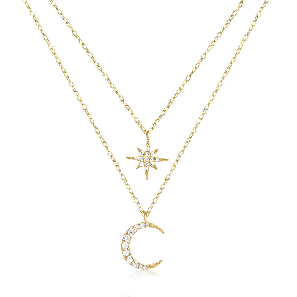 Women's S925 sterling silver double layer necklace with star and moon diamond pendant, gold finish
