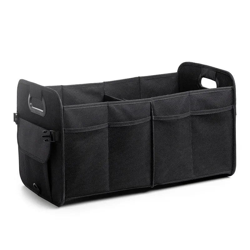 Foldable multi-compartment car boot storage box in black with handle and waterproof fabric construction