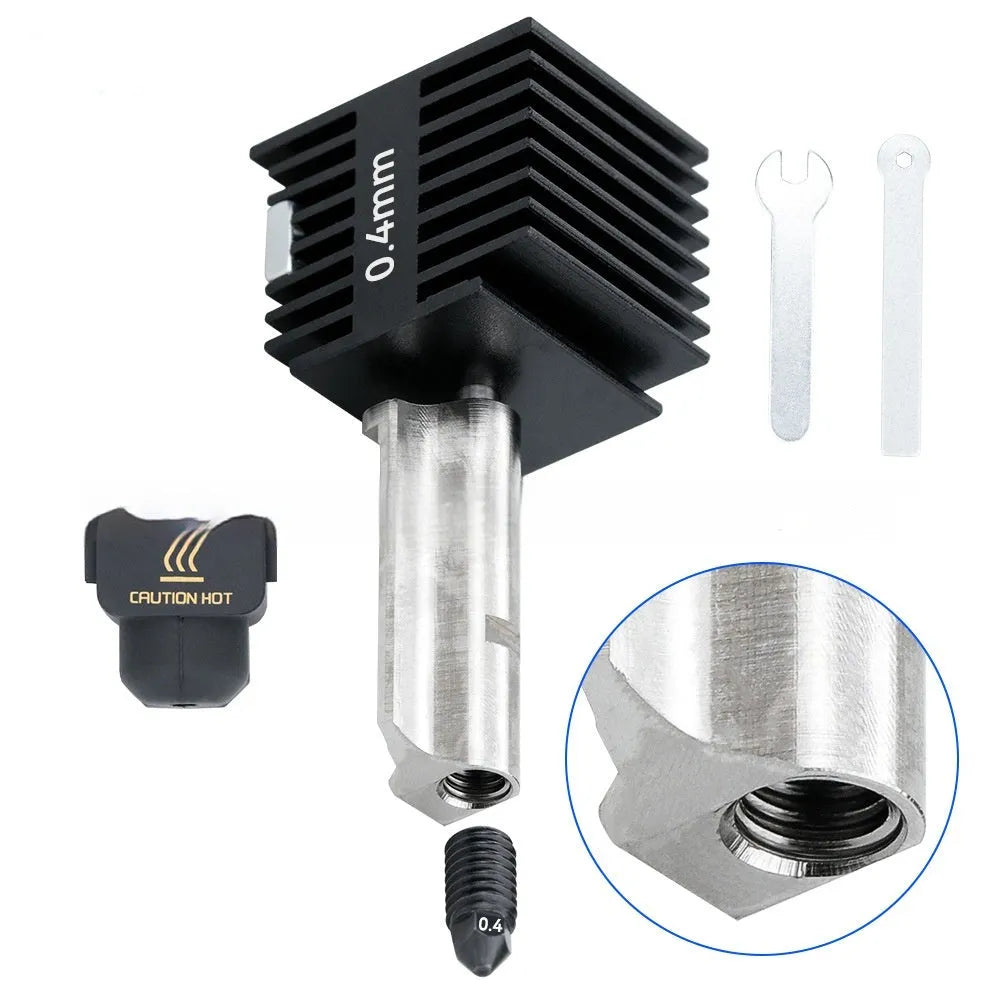 Bambu Lab A1 and A1 Mini 3D printer hot end assembly with hardened steel nozzle and black silicone sleeve
