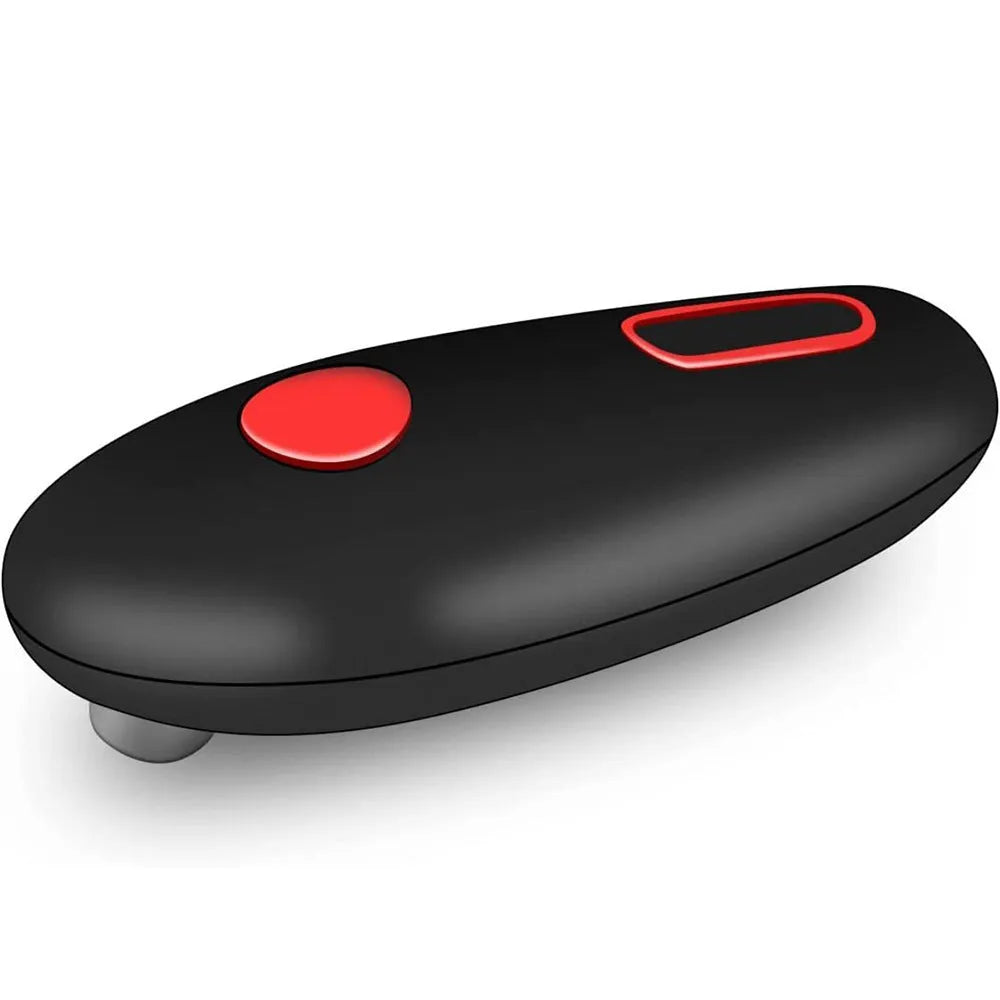 Black electric can opener with plastic construction for one-touch opening of cans, jars and bottles