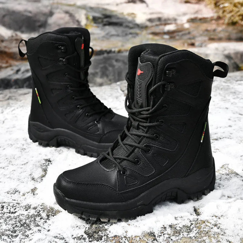 Cowhide leather hi-top hiking shoes in black brown beige colours for outdoor activities