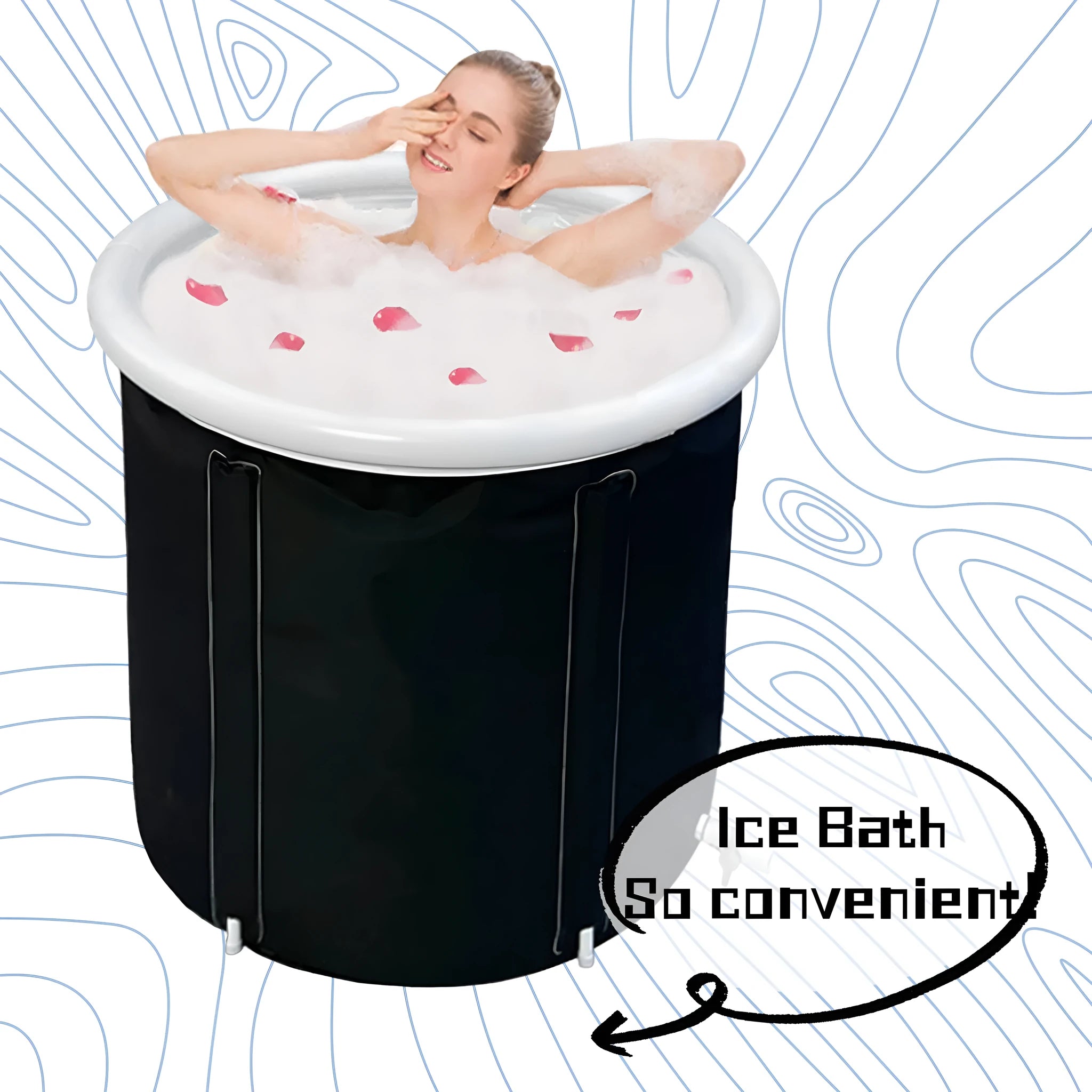 Black PVC inflatable ice bath tub with weather lid and accessories