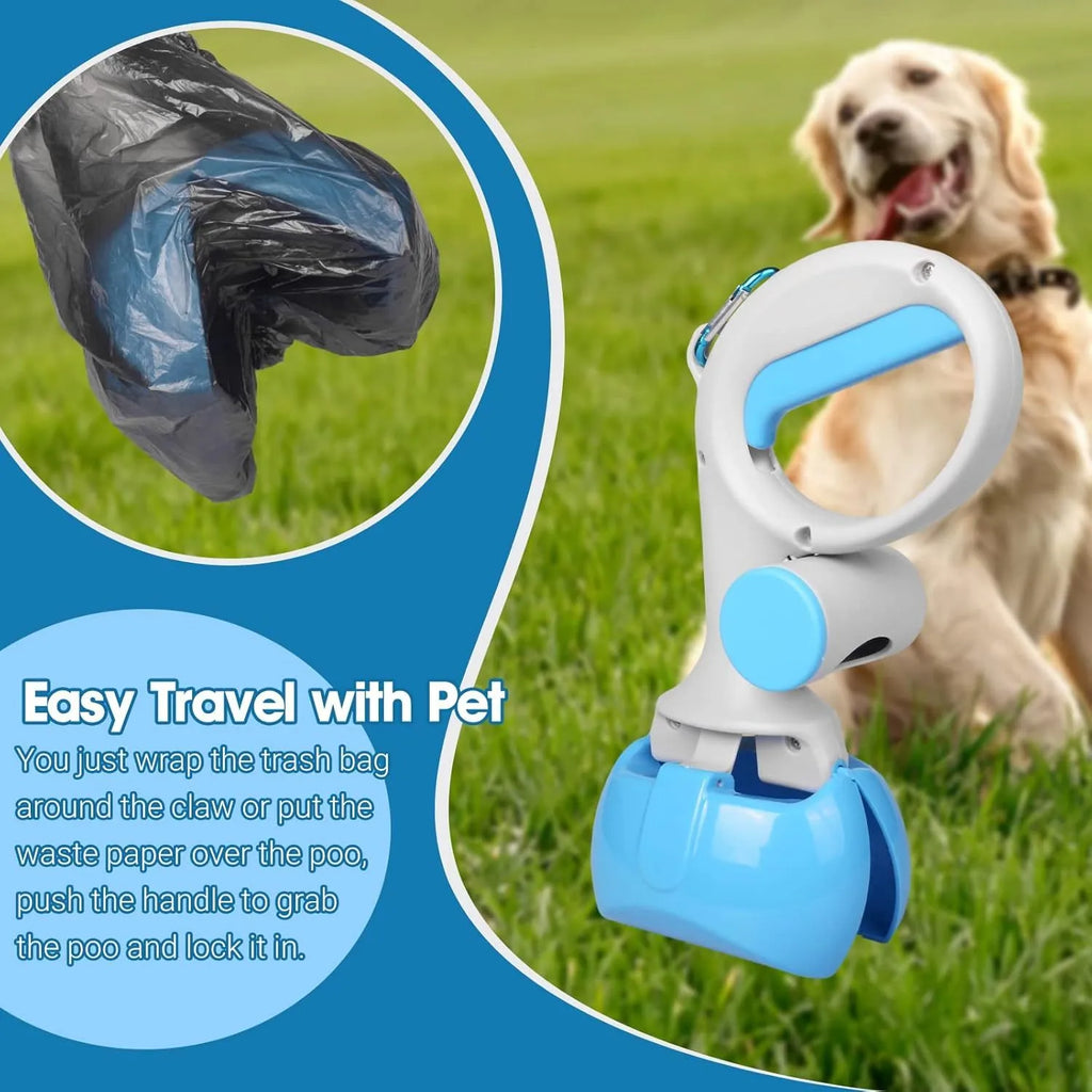 Black ABS plastic pet pooper scooper with integrated trash bag holder and carrying hook.