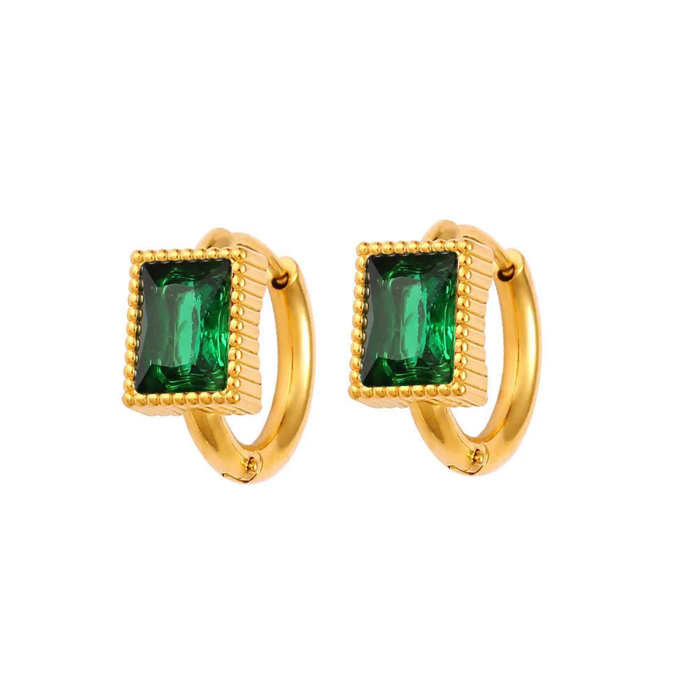 Square geometric zircon earrings in stainless steel with white, black or green electroplated finish