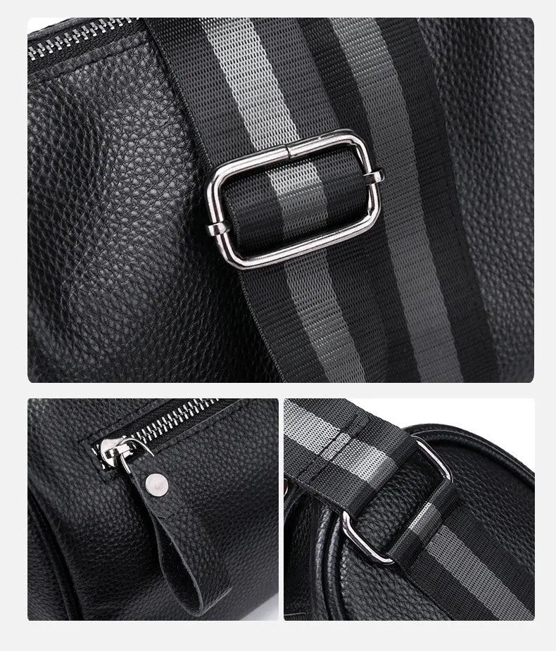Black genuine leather one-shoulder crossbody bag showing front and interior with polyester lining