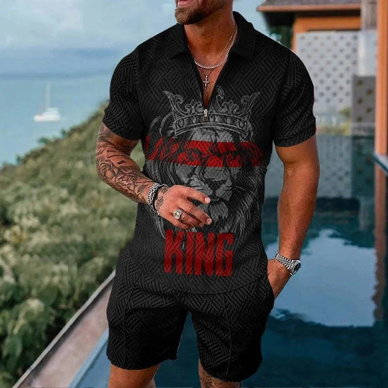 Men's mesh short sleeve T-shirt and shorts set in casual sports style, available in multiple colours and sizes S to 6XL.