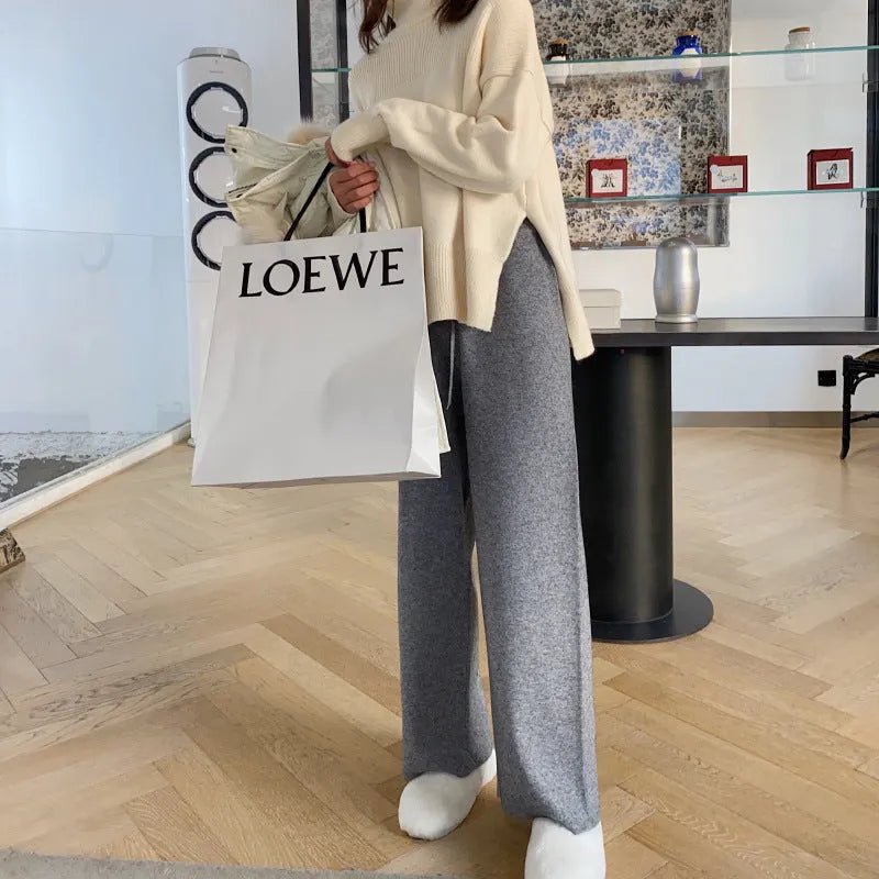 Women's high waist wide-leg knitted trousers in straight-leg design for autumn winter wear