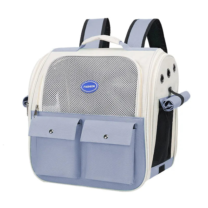 Portable breathable pet backpack in solid colour Oxford cloth with medium soft hardness for pet travel.