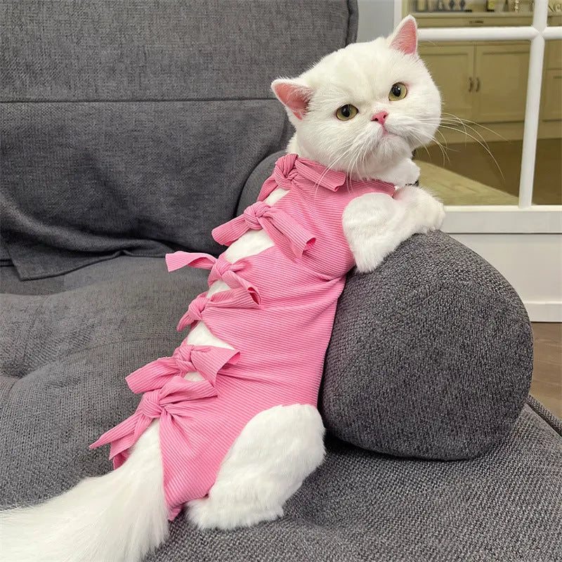 A pink lace-up cat recovery suit on a grey cat, showing the back closure and full-body fit.