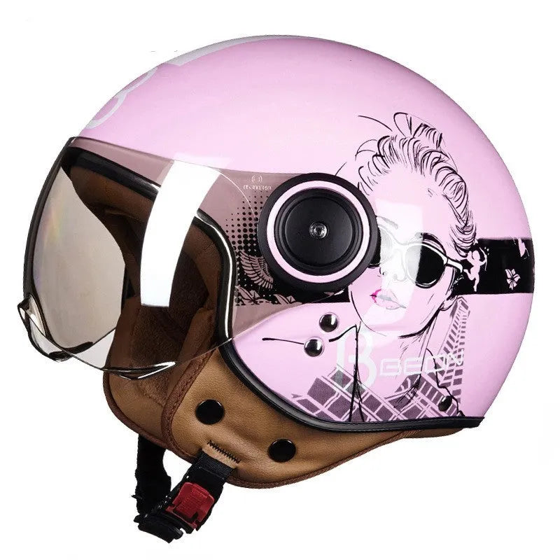 Retro battery car half helmet in ABS plastic showing colour options including bright blue red and matte black orange