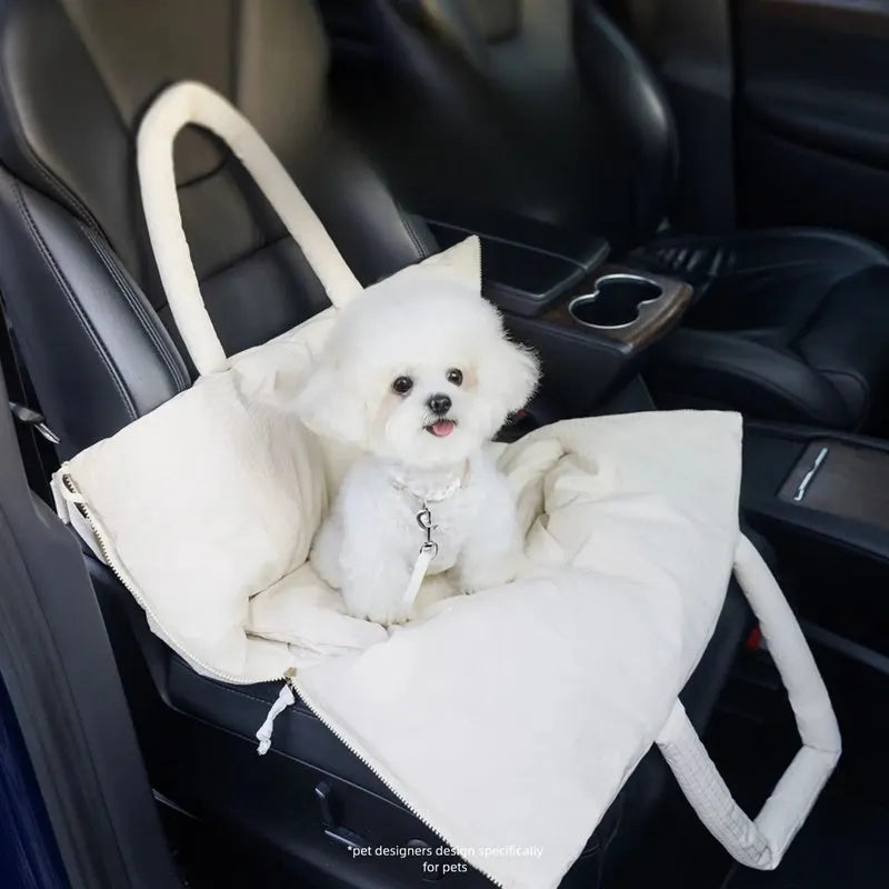Beige dog car seat pet carrier with adjustable safety leash, plush quilted fabric, for small pets up to 10 pounds