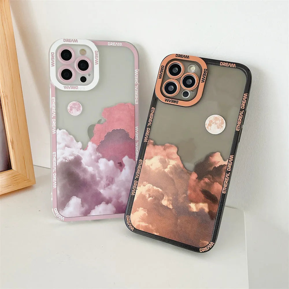 Sunset clouds and starry sky design TPU back cover case for iPhone on a blue sunset background.