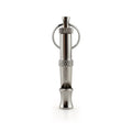 Silver ultrasonic adjustable dog training whistle made from stainless steel on a light background
