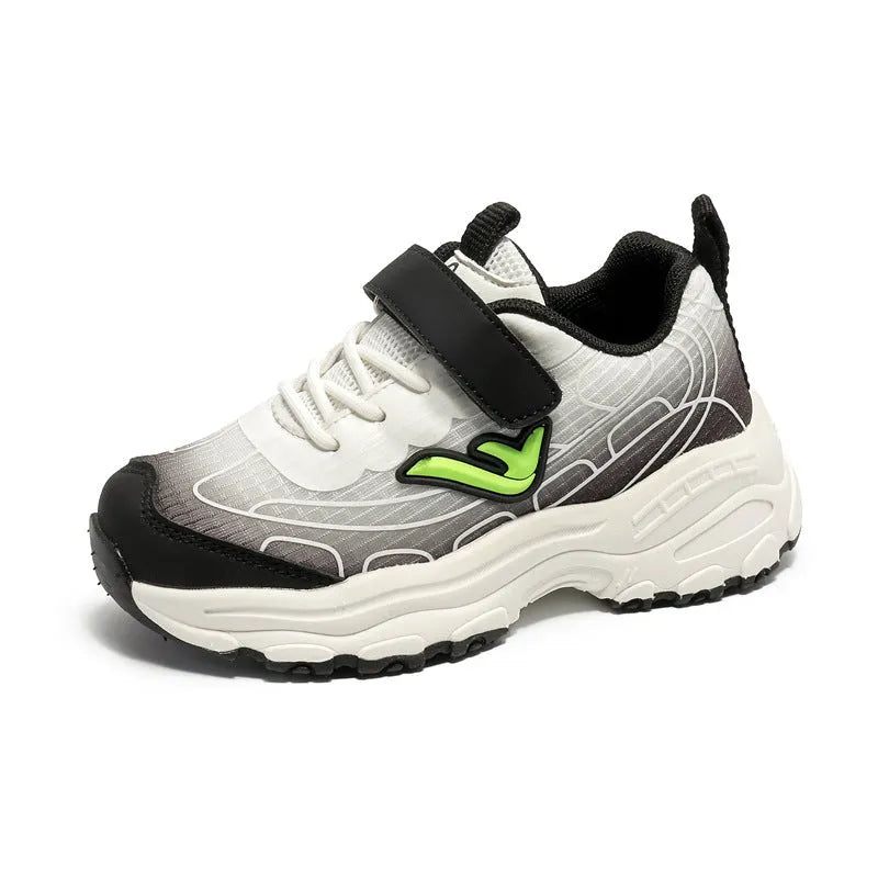 Children's black and purple striped lace-up sports shoes with mesh fabric upper and rubber sole