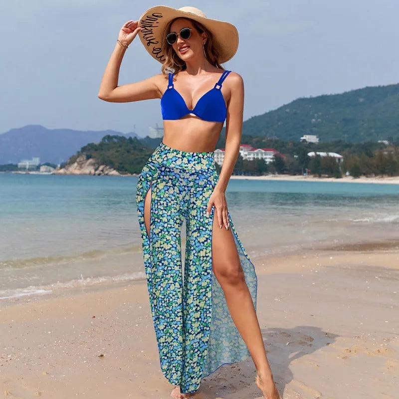 Women's three-piece bikini swimsuit set in quick-dry polyester fabric with multiple pattern options