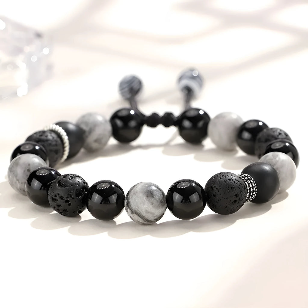 Black agate map stone and volcanic rock bracelet with diamond clasp in 8mm and 10mm sizes.