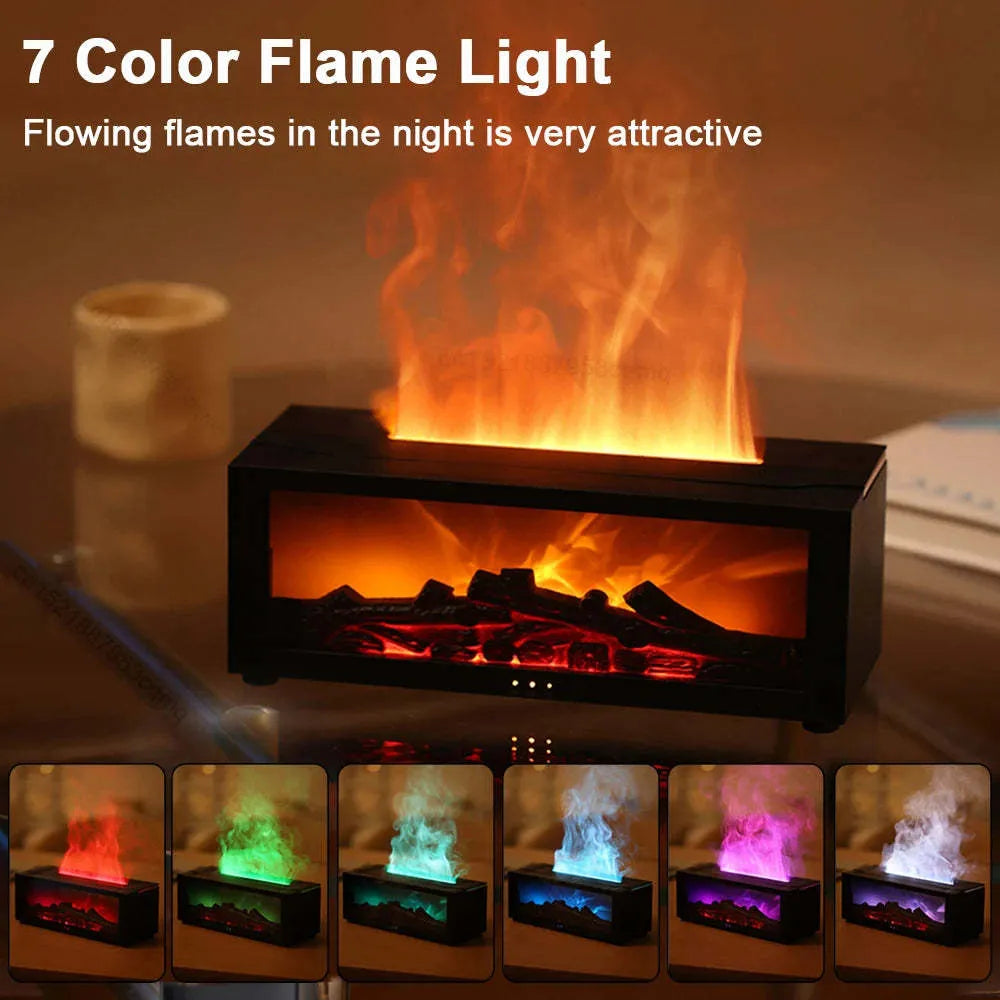 Square desktop flame aromatherapy diffuser with realistic fire effect and 7-colour mood light base.