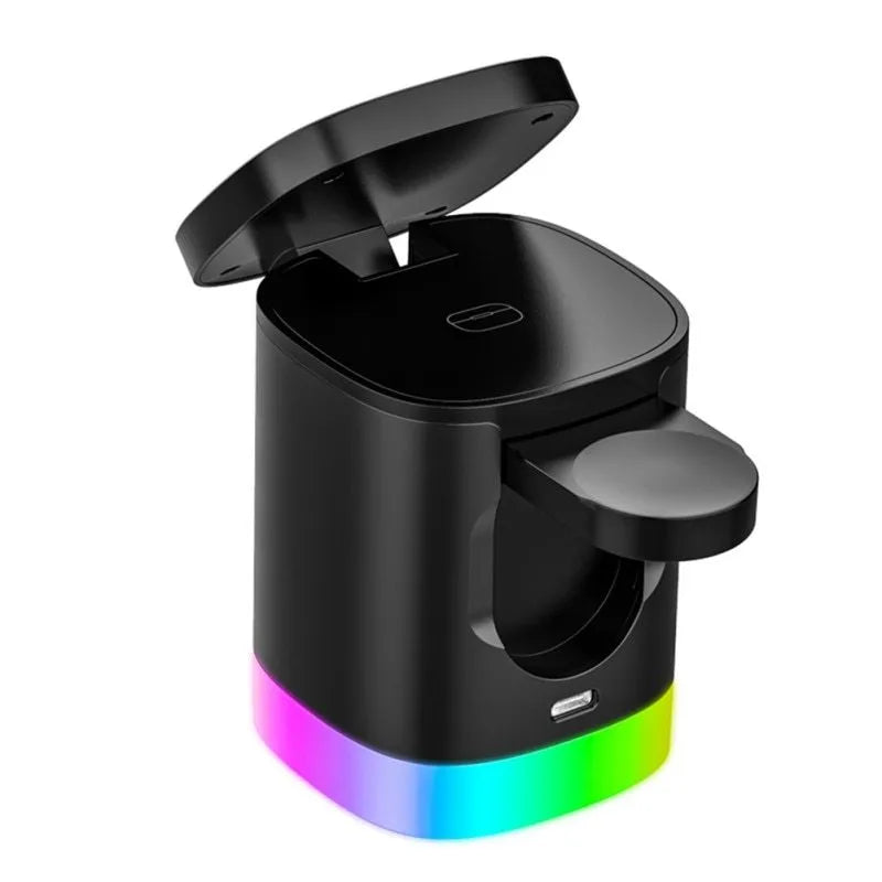 Black foldable 3-in-1 magnetic wireless charging station with RGB lighting charging iPhone, Apple Watch, and AirPods