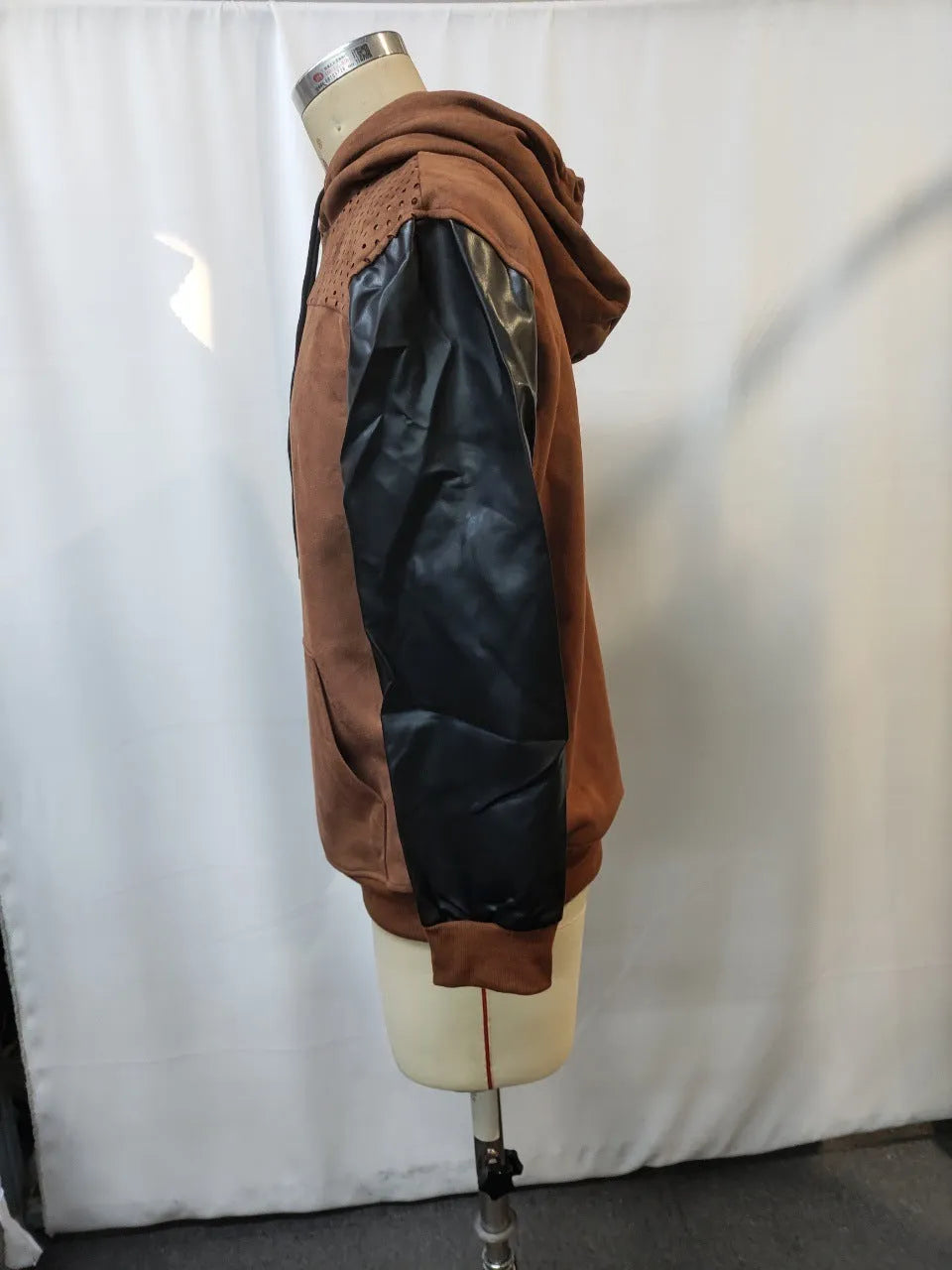 Men's retro brown hooded sweatshirt with decorative perforated detail, thin suede-style pullover, long sleeves, sizes S to XXXL