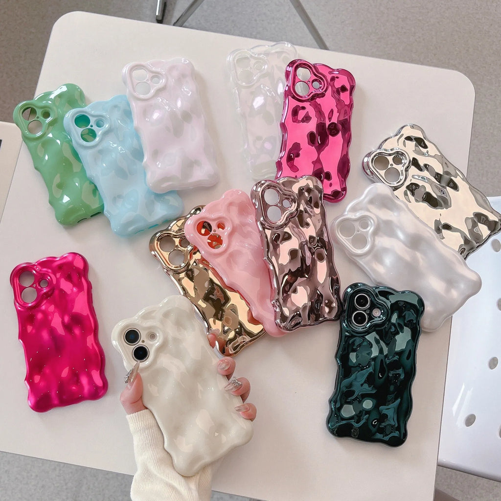 Electroplated TPU phone case for iPhone with wave bubble design, anti-fall and anti-fingerprint functions, shown in silver plating