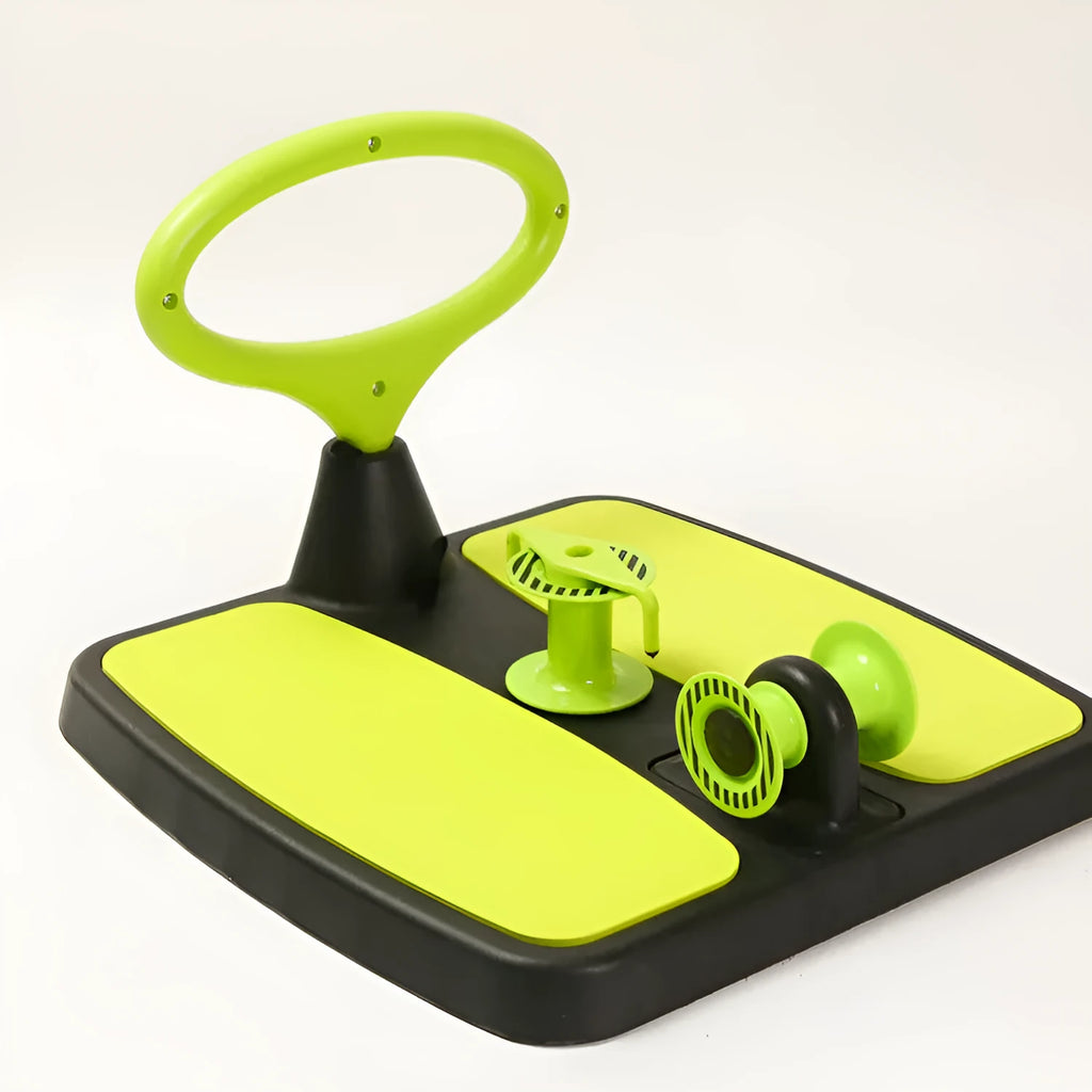 Green multifunctional fitness machine arm stretcher in colour box with dimensions 40.5x41x11.5cm