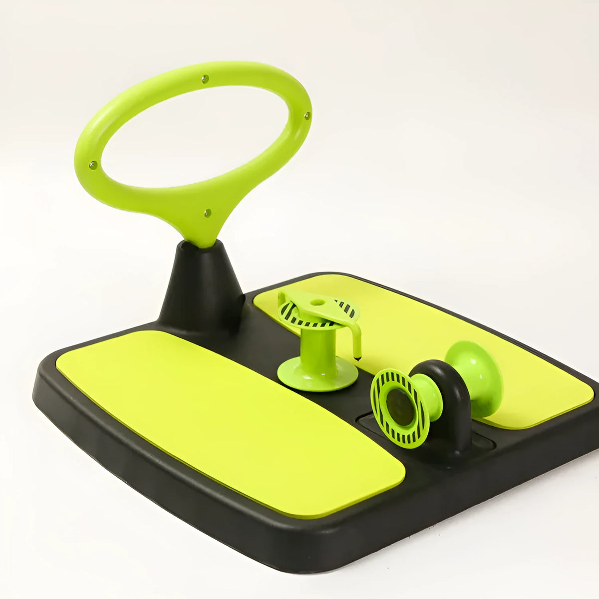 Green multifunctional fitness machine arm stretcher in colour box with dimensions 40.5x41x11.5cm