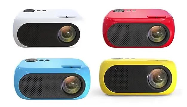 Compact M24 portable mini projector in gold or white finish with regional power adapters